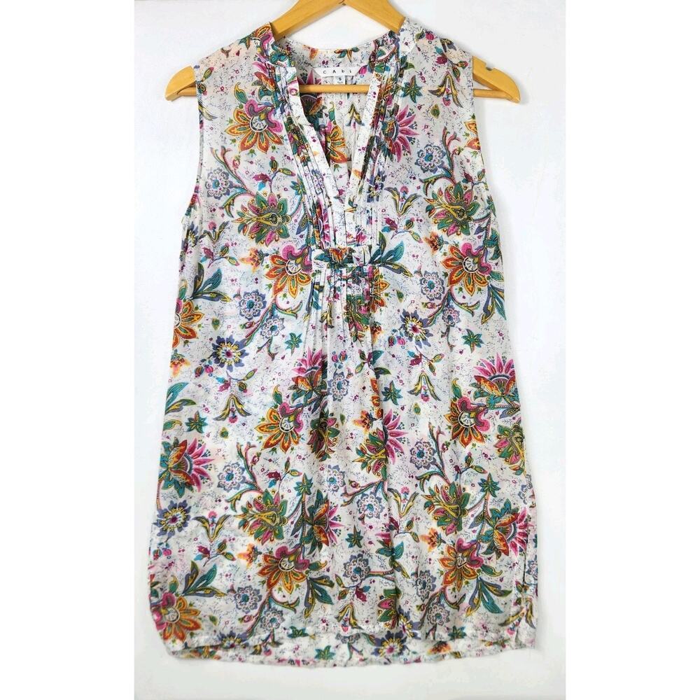 CAbi Pintuck Sleeveless Floral Long Blouse Tunic Size Small Silk Blend